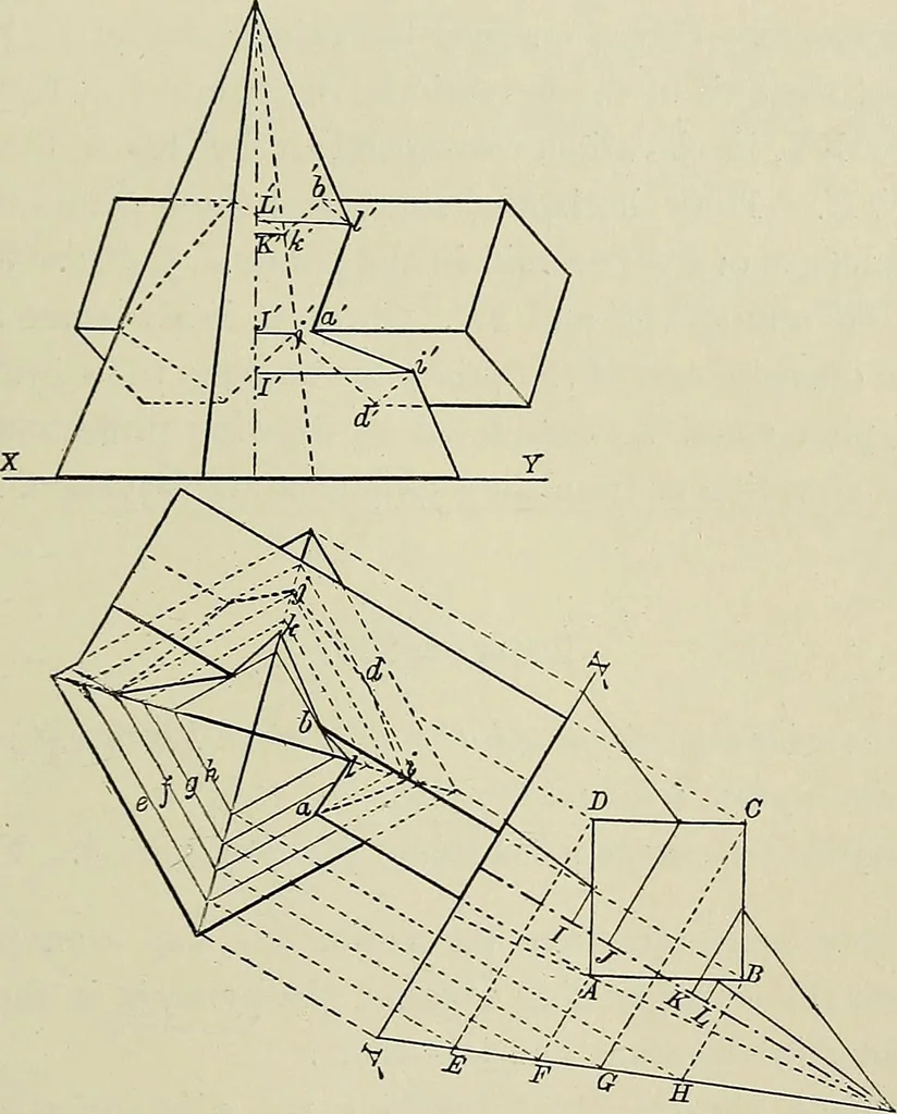 An illustration from Science and art drawing : complete geometrical course ; consisting of plane and solid geometry, orthographic and isometric projection, projection of shadow's the principles of map projection, graphic arithmetic and graphic statics, 1895, leaf 502