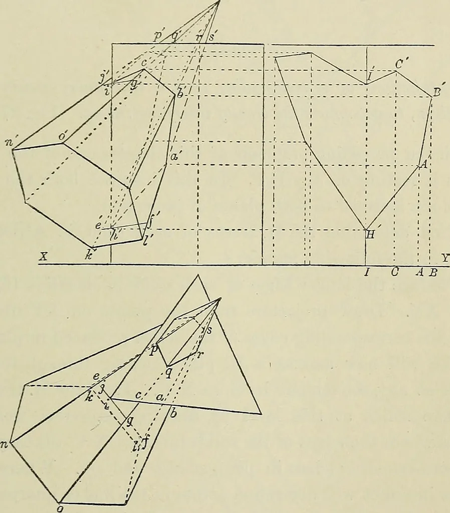An illustration from Science and art drawing : complete geometrical course ; consisting of plane and solid geometry, orthographic and isometric projection, projection of shadow's the principles of map projection, graphic arithmetic and graphic statics, 1895, leaf 504