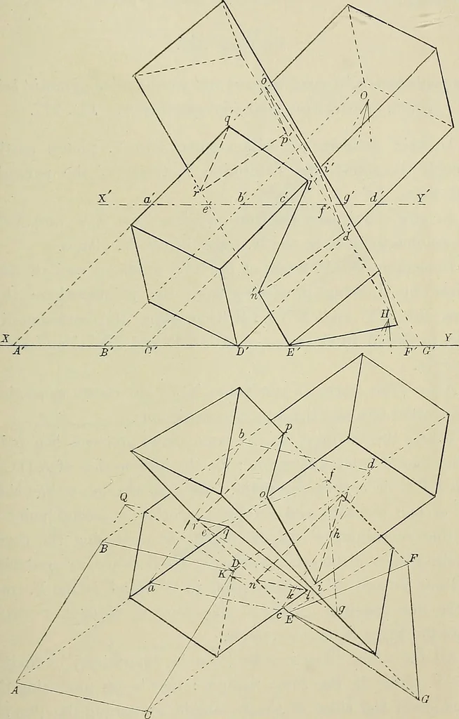 An illustration from Science and art drawing : complete geometrical course ; consisting of plane and solid geometry, orthographic and isometric projection, projection of shadow's the principles of map projection, graphic arithmetic and graphic statics, 1895, leaf 506