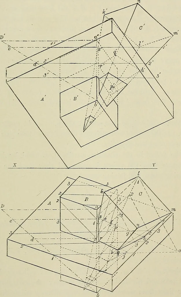 An illustration from Science and art drawing : complete geometrical course ; consisting of plane and solid geometry, orthographic and isometric projection, projection of shadow's the principles of map projection, graphic arithmetic and graphic statics, 1895, leaf 510