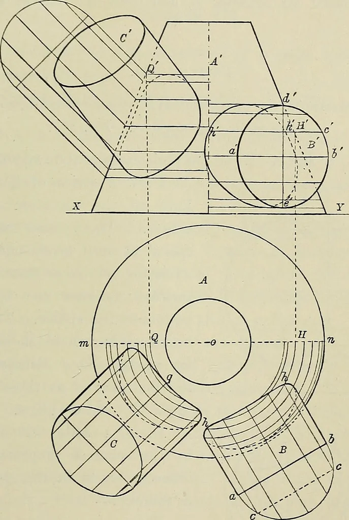 An illustration from Science and art drawing : complete geometrical course ; consisting of plane and solid geometry, orthographic and isometric projection, projection of shadow's the principles of map projection, graphic arithmetic and graphic statics, 1895, leaf 514