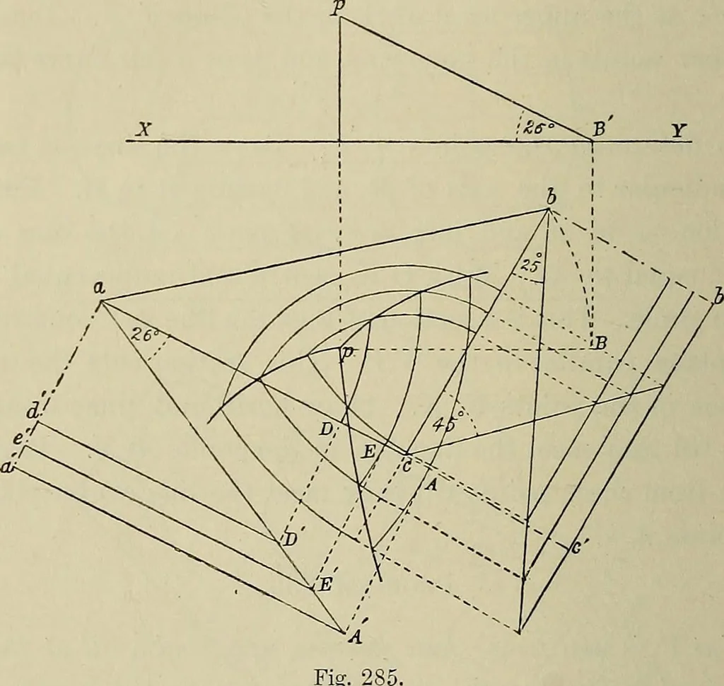 An illustration from Science and art drawing : complete geometrical course ; consisting of plane and solid geometry, orthographic and isometric projection, projection of shadow's the principles of map projection, graphic arithmetic and graphic statics, 1895, leaf 523
