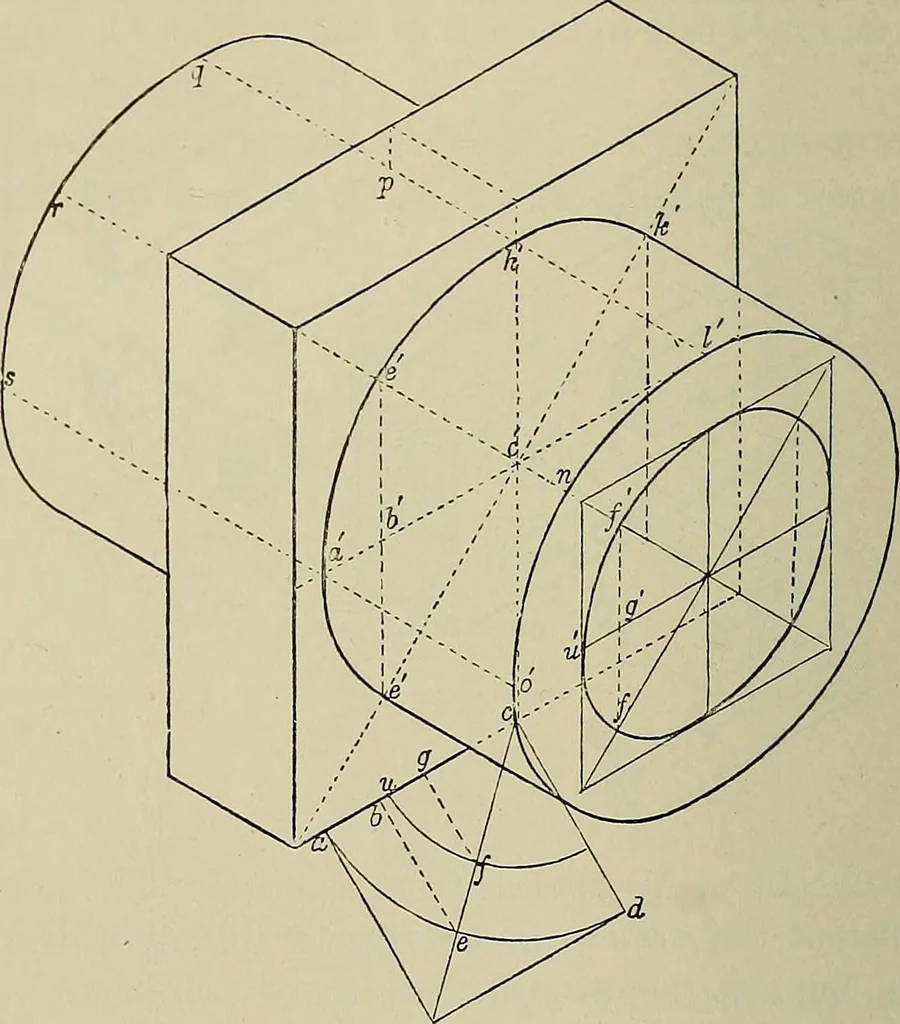 An illustration from Science and art drawing : complete geometrical course ; consisting of plane and solid geometry, orthographic and isometric projection, projection of shadow's the principles of map projection, graphic arithmetic and graphic statics, 1895, leaf 537