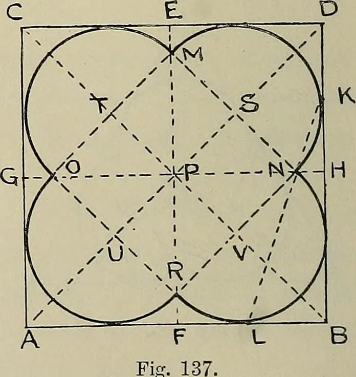 An illustration from Science and art drawing : complete geometrical course ; consisting of plane and solid geometry, orthographic and isometric projection, projection of shadow's the principles of map projection, graphic arithmetic and graphic statics, 1895, leaf 79