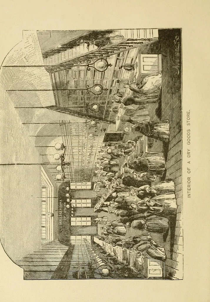 An illustration from Scissors and yardstick, or, all about dry goods : a complete manual, giving a detailed description of each article included in the several departments, together with upholstery and house-furnishing goods ; also, a list of all the principal dry goods manufacturing cities and towns of the world, 1872, leaf 12