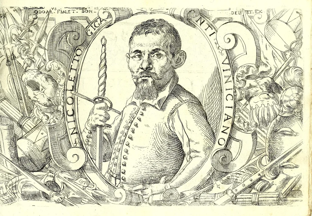 An illustration from Scola, overo, Teatro : nelquale sono rappresentate diuerse maniere e modi di parare e di ferire di spada sola, e di spada e pugnale : doue ogni studioso potrà essercitarsi & farsi prattico nella professione dell'armi, 1628, leaf 23