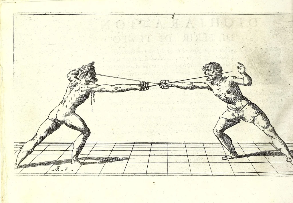 An illustration from Scola, overo, Teatro : nelquale sono rappresentate diuerse maniere e modi di parare e di ferire di spada sola, e di spada e pugnale : doue ogni studioso potrà essercitarsi & farsi prattico nella professione dell'armi, 1628, leaf 36