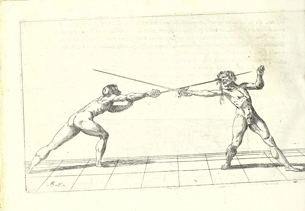 An illustration from Scola, overo, Teatro : nelquale sono rappresentate diuerse maniere e modi di parare e di ferire di spada sola, e di spada e pugnale : doue ogni studioso potrà essercitarsi & farsi prattico nella professione dell'armi, 1628, leaf 40