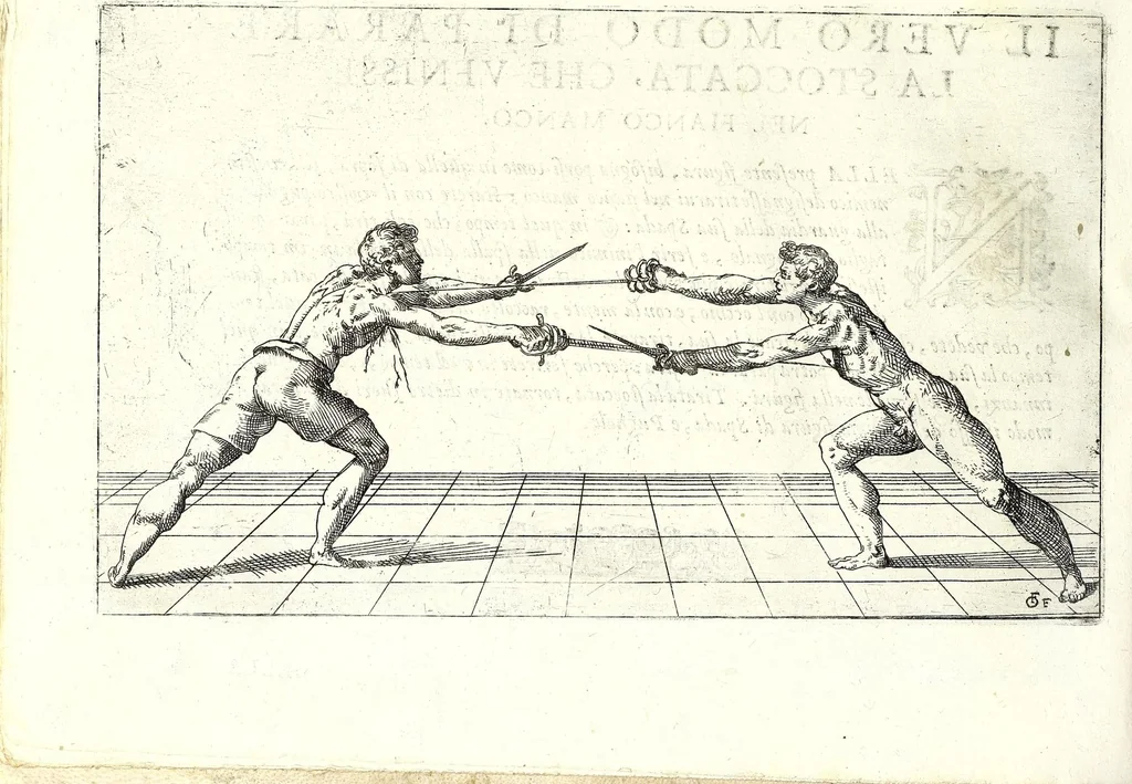 An illustration from Scola, overo, Teatro : nelquale sono rappresentate diuerse maniere e modi di parare e di ferire di spada sola, e di spada e pugnale : doue ogni studioso potrà essercitarsi & farsi prattico nella professione dell'armi, 1628, leaf 78