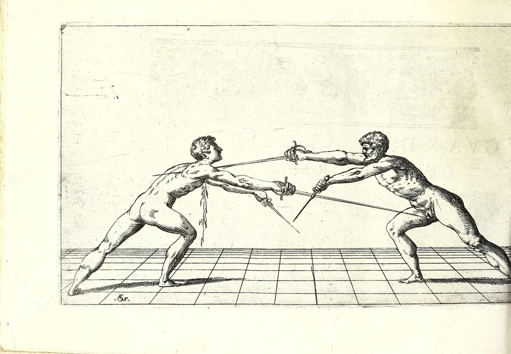 An illustration from Scola, overo, Teatro : nelquale sono rappresentate diuerse maniere e modi di parare e di ferire di spada sola, e di spada e pugnale : doue ogni studioso potrà essercitarsi & farsi prattico nella professione dell'armi, 1628, leaf 98