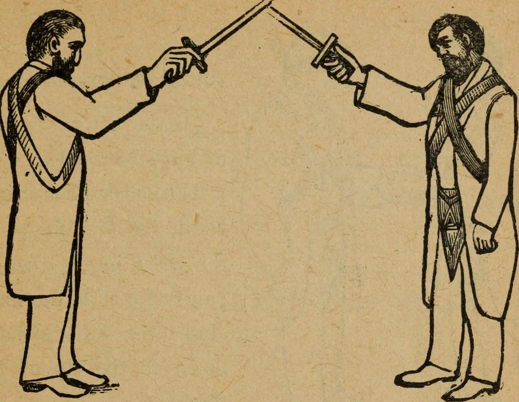 An illustration from Scotch Rite masonry illustrated : the complete ritual of the ancient and accepted Scottish Rite profusely illustrated, 1905, leaf 58
