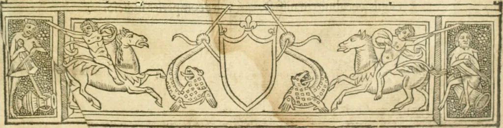 An illustration from Scotorum historiae a prima gentis origine : cum aliarum & rerum & gentium illustratione non vulgari : praemissa epistola nu[m]cupatoria, tabellisq[ue] amplissmis & non poenitenda isagoge quae ab huius terho explicabuntur diffusius, 1526, leaf 6