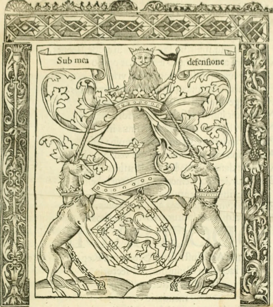 An illustration from Scotorum historiae a prima gentis origine : cum aliarum & rerum & gentium illustratione non vulgari : praemissa epistola nu[m]cupatoria, tabellisq[ue] amplissmis & non poenitenda isagoge quae ab huius terho explicabuntur diffusius, 1526, leaf 8