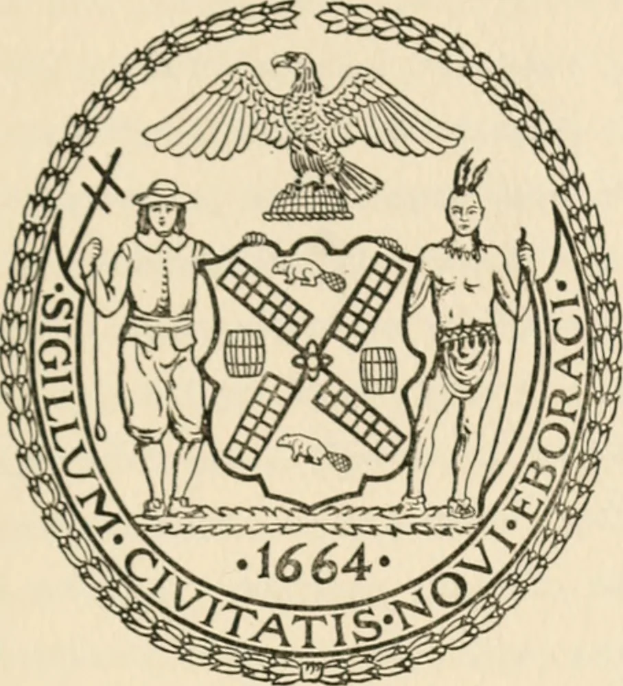 An illustration from Seal and flag of the city of New York : authorized by the committee appointed by the mayor to commemorate the two hundred and fiftieth anniversary of the installation of the first mayor and board of aldermen of the city of New York on June 24, 1665, and the adoption of the official city flag on June 24, 1915, 1915, leaf 122