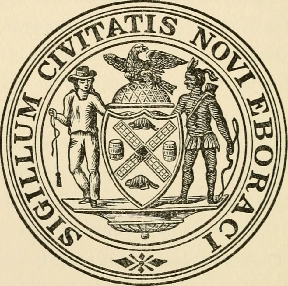 An illustration from Seal and flag of the city of New York : authorized by the committee appointed by the mayor to commemorate the two hundred and fiftieth anniversary of the installation of the first mayor and board of aldermen of the city of New York on June 24, 1665, and the adoption of the official city flag on June 24, 1915, 1915, leaf 125