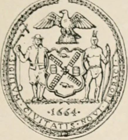An illustration from Seal and flag of the city of New York : authorized by the committee appointed by the mayor to commemorate the two hundred and fiftieth anniversary of the installation of the first mayor and board of aldermen of the city of New York on June 24, 1665, and the adoption of the official city flag on June 24, 1915, 1915, leaf 128