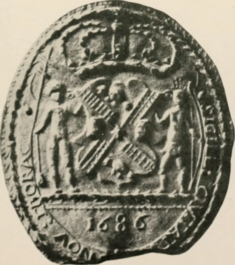 An illustration from Seal and flag of the city of New York : authorized by the committee appointed by the mayor to commemorate the two hundred and fiftieth anniversary of the installation of the first mayor and board of aldermen of the city of New York on June 24, 1665, and the adoption of the official city flag on June 24, 1915, 1915, leaf 58