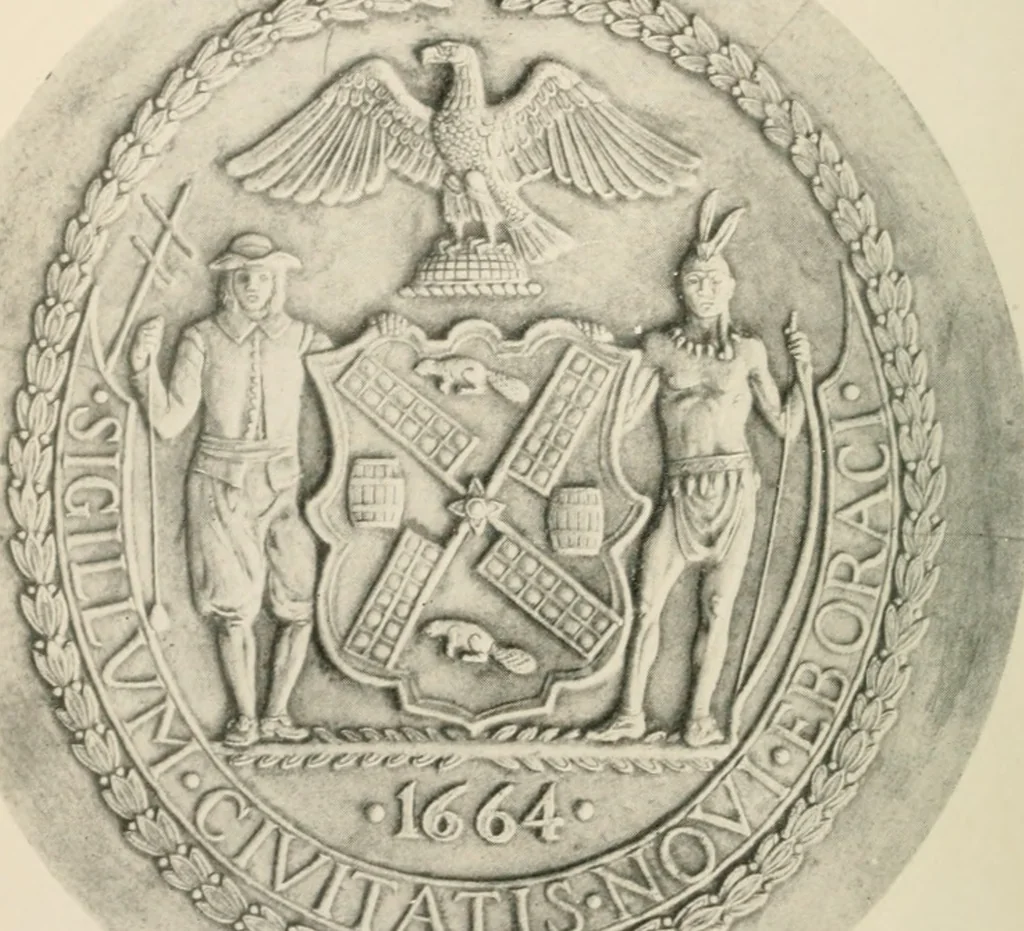 An illustration from Seal and flag of the city of New York : authorized by the committee appointed by the mayor to commemorate the two hundred and fiftieth anniversary of the installation of the first mayor and board of aldermen of the city of New York on June 24, 1665, and the adoption of the official city flag on June 24, 1915, 1915, leaf 7