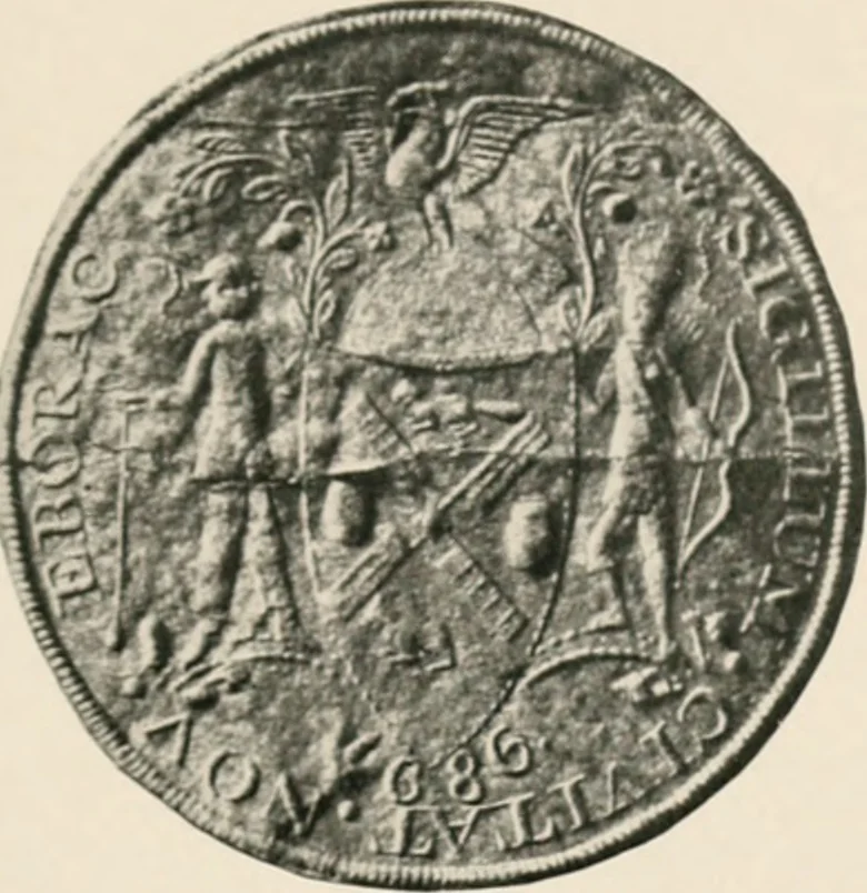 An illustration from Seal and flag of the city of New York : authorized by the committee appointed by the mayor to commemorate the two hundred and fiftieth anniversary of the installation of the first mayor and board of aldermen of the city of New York on June 24, 1665, and the adoption of the official city flag on June 24, 1915, 1915, leaf 80