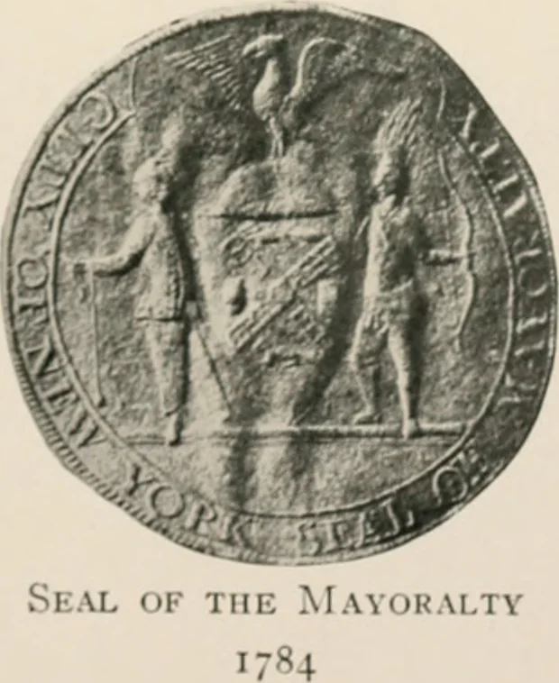 An illustration from Seal and flag of the city of New York : authorized by the committee appointed by the mayor to commemorate the two hundred and fiftieth anniversary of the installation of the first mayor and board of aldermen of the city of New York on June 24, 1665, and the adoption of the official city flag on June 24, 1915, 1915, leaf 80