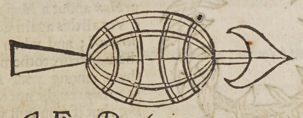 An illustration from The sea-man's grammar and dictionary, explaining all the difficult terms in navigation: and The practical navigator and gunner: in two parts. : I. Most plain and easy directions, to build, rigg, yard, and mast any ship whatsoever. With the manner of working of a ship in all weathers: --and how to manage a fight at sea:--also the charge and duty of every officer in a ship, and their shares -- and the use of the petty-tally. II. An abstract of the art of gunnery, (or shooting in great ordnance and morter-pieces): wherein the principles of that art are plainly taught, both by arithmetical calculation, and by tables ready calculated -- with the compositions for the making of several fire-works useful in war, both at sea and land. --And an apendix [sic] how by several geometrical ways to take heights, depths, and distances, accessible or inaccessible., 1699, leaf 177