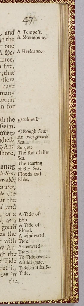 An illustration from The sea-man's grammar and dictionary, explaining all the difficult terms in navigation: and The practical navigator and gunner: in two parts. : I. Most plain and easy directions, to build, rigg, yard, and mast any ship whatsoever. With the manner of working of a ship in all weathers: --and how to manage a fight at sea:--also the charge and duty of every officer in a ship, and their shares -- and the use of the petty-tally. II. An abstract of the art of gunnery, (or shooting in great ordnance and morter-pieces): wherein the principles of that art are plainly taught, both by arithmetical calculation, and by tables ready calculated -- with the compositions for the making of several fire-works useful in war, both at sea and land. --And an apendix [sic] how by several geometrical ways to take heights, depths, and distances, accessible or inaccessible., 1699, leaf 67