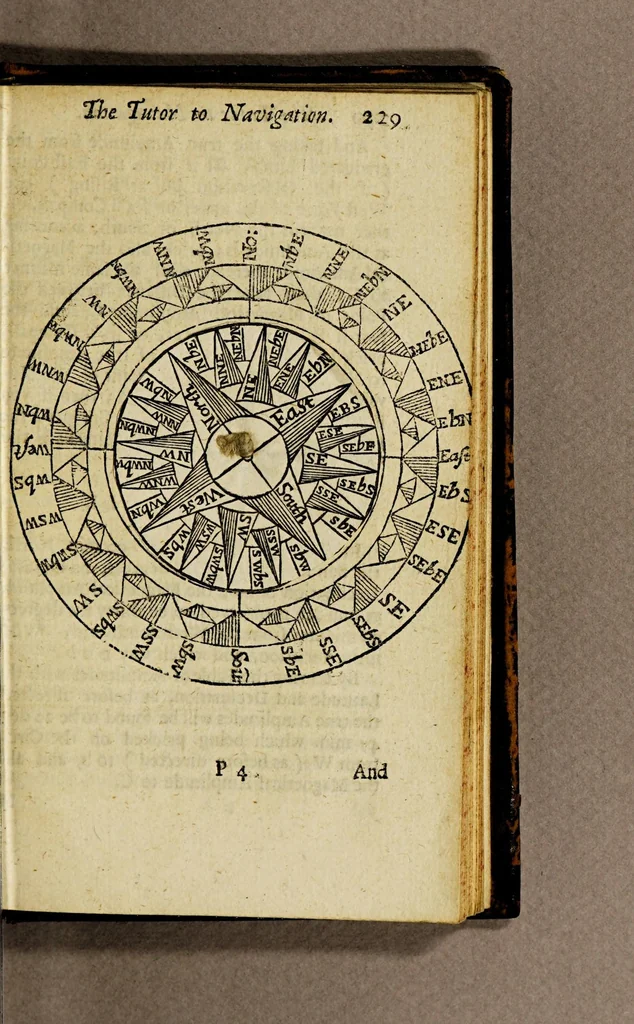 An illustration from The seaman's tutor, explaining geometry, cosmography, and trigonometry : with requisite tables of longitude and latitude of sea-ports, traverse tables, tables of easting and westing, meridian miles, declinarions, amplitudes, refractions, use of the compass , kalendar, measure of the earth's globe, use of instruments and charts, difference of sailing, estimation of a ship's way by the log, and log-line, currents, & c. : compiled for the use of the mathematical school in Christ's hospital-London, His Majesty Charles II, his royal foundation, 1682, leaf 523