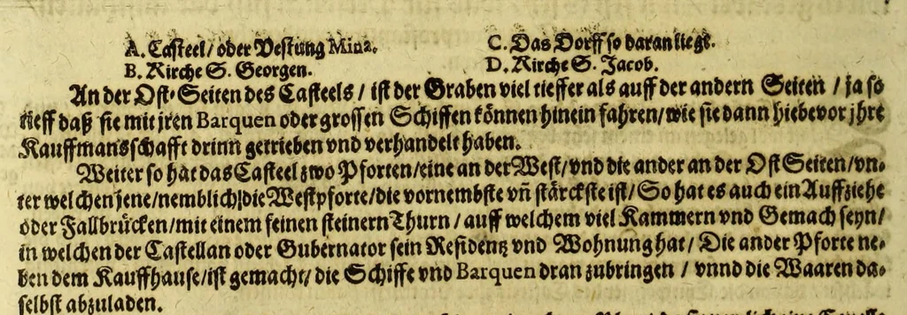 An illustration from Sechster Theil der Orientalischen Indien, Warhafftige historische Bechreibung dess gewaltigen Goldreichen Königreichs Guinea, sonst das Goltgestad von Mina genandt, so in Africa gelegen, : sampt derselben gantzen Beschaffenheit, auch Religion vnnd Opinion, Sitten vnnd Sprachen, Handel vnnd Wandel der Eynwohner daselbst: beneben einer kurtzen Erzelung, was die Schiffe, so dahin fahren wollen, für einen Lauff durch die Canarische Inseln, biss an das Cabo de Trespunctas, da das Goldgestadt sich anfänget, halten müssen., 1630, leaf 104