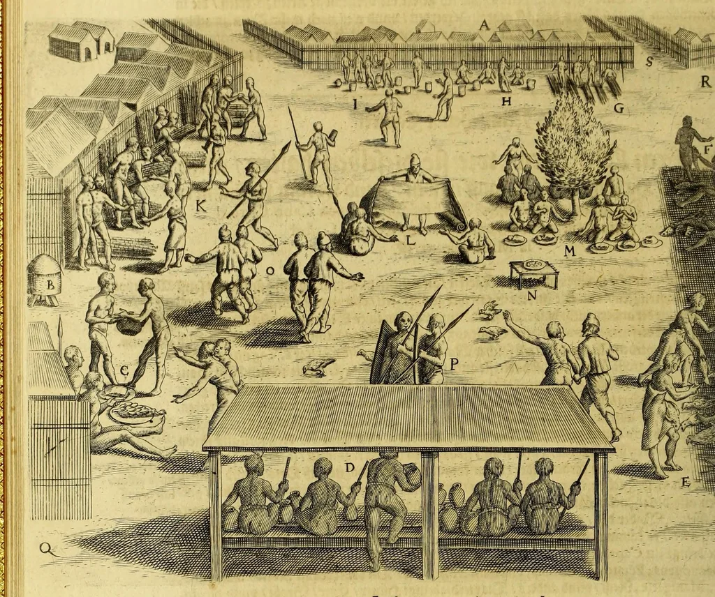 An illustration from Sechster Theil der Orientalischen Indien, Warhafftige historische Bechreibung dess gewaltigen Goldreichen Königreichs Guinea, sonst das Goltgestad von Mina genandt, so in Africa gelegen, : sampt derselben gantzen Beschaffenheit, auch Religion vnnd Opinion, Sitten vnnd Sprachen, Handel vnnd Wandel der Eynwohner daselbst: beneben einer kurtzen Erzelung, was die Schiffe, so dahin fahren wollen, für einen Lauff durch die Canarische Inseln, biss an das Cabo de Trespunctas, da das Goldgestadt sich anfänget, halten müssen., 1630, leaf 36