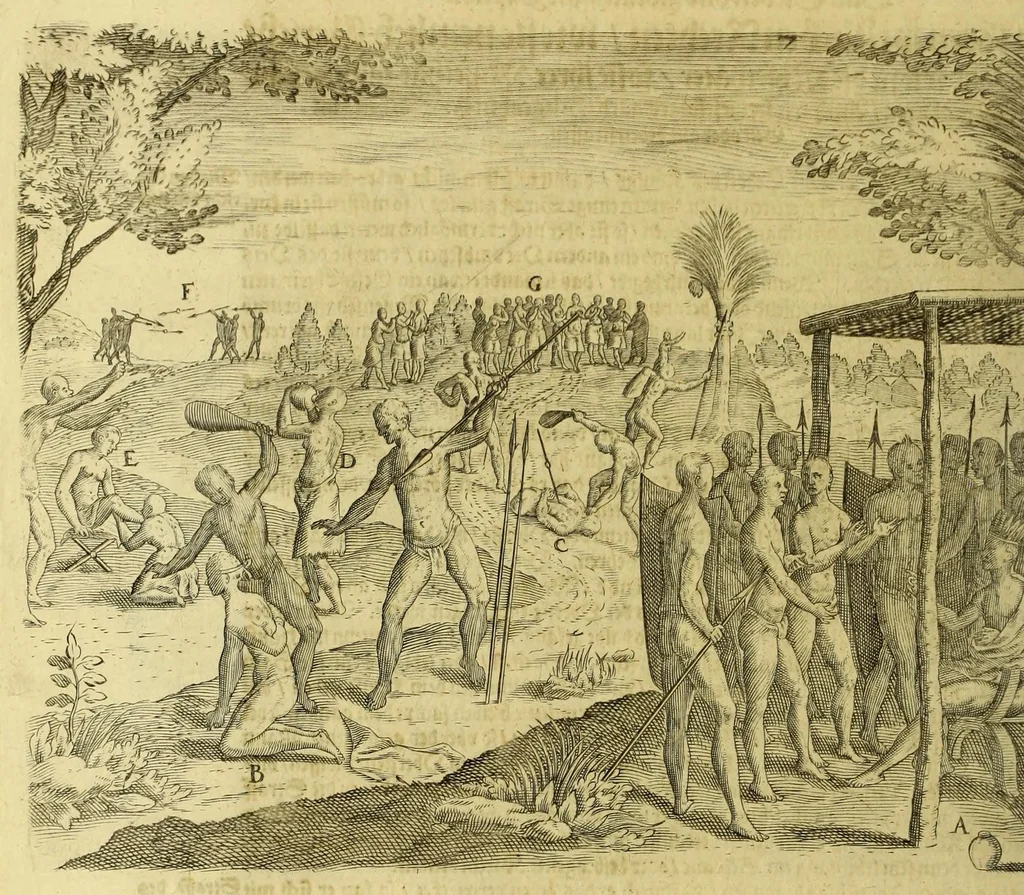 An illustration from Sechster Theil der Orientalischen Indien, Warhafftige historische Bechreibung dess gewaltigen Goldreichen Königreichs Guinea, sonst das Goltgestad von Mina genandt, so in Africa gelegen, : sampt derselben gantzen Beschaffenheit, auch Religion vnnd Opinion, Sitten vnnd Sprachen, Handel vnnd Wandel der Eynwohner daselbst: beneben einer kurtzen Erzelung, was die Schiffe, so dahin fahren wollen, für einen Lauff durch die Canarische Inseln, biss an das Cabo de Trespunctas, da das Goldgestadt sich anfänget, halten müssen., 1630, leaf 56