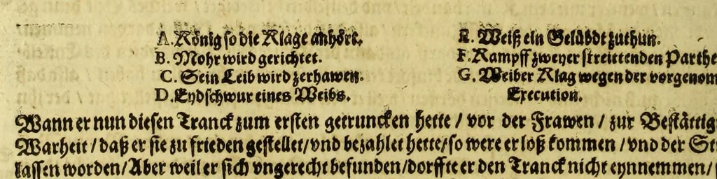 An illustration from Sechster Theil der Orientalischen Indien, Warhafftige historische Bechreibung dess gewaltigen Goldreichen Königreichs Guinea, sonst das Goltgestad von Mina genandt, so in Africa gelegen, : sampt derselben gantzen Beschaffenheit, auch Religion vnnd Opinion, Sitten vnnd Sprachen, Handel vnnd Wandel der Eynwohner daselbst: beneben einer kurtzen Erzelung, was die Schiffe, so dahin fahren wollen, für einen Lauff durch die Canarische Inseln, biss an das Cabo de Trespunctas, da das Goldgestadt sich anfänget, halten müssen., 1630, leaf 56