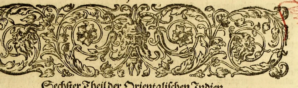 An illustration from Sechster Theil der Orientalischen Indien, Warhafftige historische Bechreibung dess gewaltigen Goldreichen Königreichs Guinea, sonst das Goltgestad von Mina genandt, so in Africa gelegen, : sampt derselben gantzen Beschaffenheit, auch Religion vnnd Opinion, Sitten vnnd Sprachen, Handel vnnd Wandel der Eynwohner daselbst: beneben einer kurtzen Erzelung, was die Schiffe, so dahin fahren wollen, für einen Lauff durch die Canarische Inseln, biss an das Cabo de Trespunctas, da das Goldgestadt sich anfänget, halten müssen., 1630, leaf 9