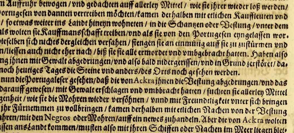 An illustration from Sechster Theil der Orientalischen Indien, Warhafftige historische Bechreibung dess gewaltigen Goldreichen Königreichs Guinea, sonst das Goltgestad von Mina genandt, so in Africa gelegen, : sampt derselben gantzen Beschaffenheit, auch Religion vnnd Opinion, Sitten vnnd Sprachen, Handel vnnd Wandel der Eynwohner daselbst: beneben einer kurtzen Erzelung, was die Schiffe, so dahin fahren wollen, für einen Lauff durch die Canarische Inseln, biss an das Cabo de Trespunctas, da das Goldgestadt sich anfänget, halten müssen., 1630, leaf 97