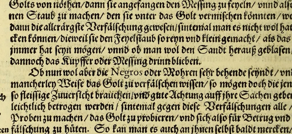 An illustration from Sechster Theil der Orientalischen Indien, Warhafftige historische Bechreibung dess gewaltigen Goltreichen Königreichs Guinea, sonst das Goltgestatt von Mina genandt, so in Africa gelegen, : sampst derselben gantzen Beschaffenheit, auch Religion vnnd Opinion, Sitten vnd Sprachen, Handel vnd Wandel der Eywohner daselbst, beneben einer kurtzen Erzelung, was die Schiffe, so dahin fahren wollen, für einen Lauff durch die Canarische Inseln, biss an das Cabo de Trespunctas, da das Goltgestatt sich anfänget, halten müssen., 1603, leaf 132