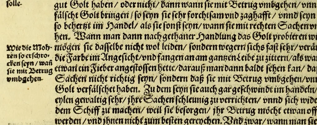 An illustration from Sechster Theil der Orientalischen Indien, Warhafftige historische Bechreibung dess gewaltigen Goltreichen Königreichs Guinea, sonst das Goltgestatt von Mina genandt, so in Africa gelegen, : sampst derselben gantzen Beschaffenheit, auch Religion vnnd Opinion, Sitten vnd Sprachen, Handel vnd Wandel der Eywohner daselbst, beneben einer kurtzen Erzelung, was die Schiffe, so dahin fahren wollen, für einen Lauff durch die Canarische Inseln, biss an das Cabo de Trespunctas, da das Goltgestatt sich anfänget, halten müssen., 1603, leaf 132