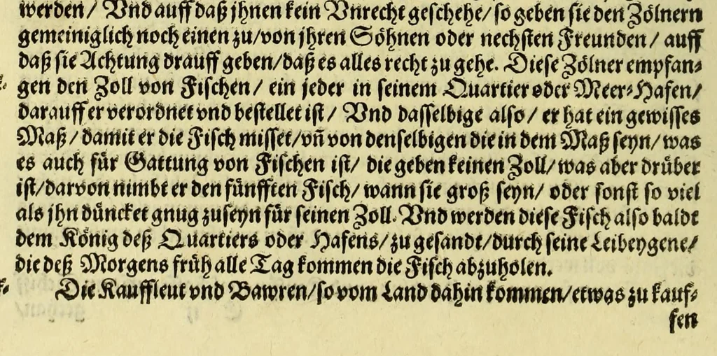 An illustration from Sechster Theil der Orientalischen Indien, Warhafftige historische Bechreibung dess gewaltigen Goltreichen Königreichs Guinea, sonst das Goltgestatt von Mina genandt, so in Africa gelegen, : sampst derselben gantzen Beschaffenheit, auch Religion vnnd Opinion, Sitten vnd Sprachen, Handel vnd Wandel der Eywohner daselbst, beneben einer kurtzen Erzelung, was die Schiffe, so dahin fahren wollen, für einen Lauff durch die Canarische Inseln, biss an das Cabo de Trespunctas, da das Goltgestatt sich anfänget, halten müssen., 1603, leaf 52
