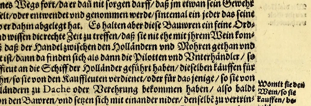 An illustration from Sechster Theil der Orientalischen Indien, Warhafftige historische Bechreibung dess gewaltigen Goltreichen Königreichs Guinea, sonst das Goltgestatt von Mina genandt, so in Africa gelegen, : sampst derselben gantzen Beschaffenheit, auch Religion vnnd Opinion, Sitten vnd Sprachen, Handel vnd Wandel der Eywohner daselbst, beneben einer kurtzen Erzelung, was die Schiffe, so dahin fahren wollen, für einen Lauff durch die Canarische Inseln, biss an das Cabo de Trespunctas, da das Goltgestatt sich anfänget, halten müssen., 1603, leaf 57
