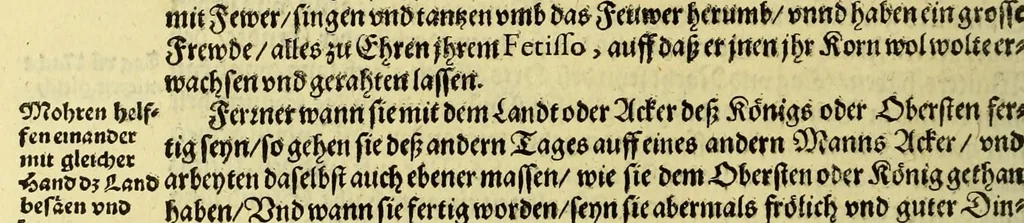 An illustration from Sechster Theil der Orientalischen Indien, Warhafftige historische Bechreibung dess gewaltigen Goltreichen Königreichs Guinea, sonst das Goltgestatt von Mina genandt, so in Africa gelegen, : sampst derselben gantzen Beschaffenheit, auch Religion vnnd Opinion, Sitten vnd Sprachen, Handel vnd Wandel der Eywohner daselbst, beneben einer kurtzen Erzelung, was die Schiffe, so dahin fahren wollen, für einen Lauff durch die Canarische Inseln, biss an das Cabo de Trespunctas, da das Goltgestatt sich anfänget, halten müssen., 1603, leaf 92