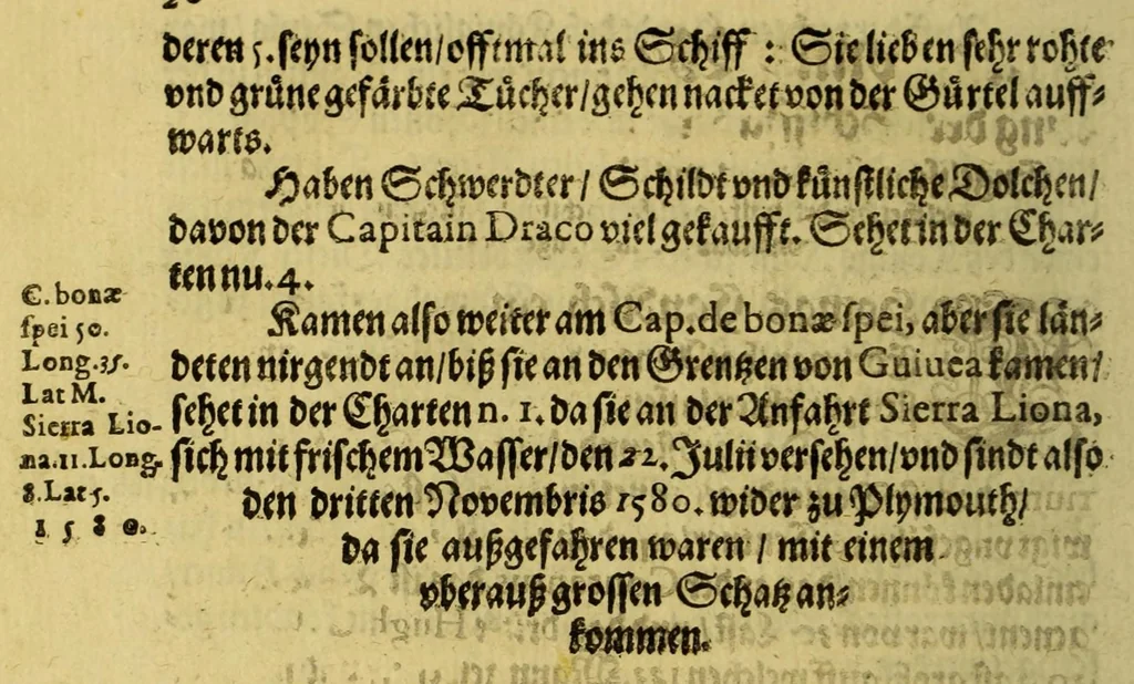 An illustration from Sechster Theil, kurtze, warhafftige Relation vnd Beschreibung der wunderbarsten vier Schifffarten, so jemals verricht worden. : Als nemlich: Ferdinandi Magellani, Portugalesers, mit Sebastiano de Cano. Francisci Draconis Engeländers. Thomae Candisch Engelländers. Oliuarij von Noort, Niederländers. So alle vier vmb den gantzen Erdtkreiss gesegelt, auss vnterschiedenen Authoribus vnd Sprachen zusammen getragen, vnd mit nöhtigen Landt Charten, seinen Figurn vnd nützlichen Erklerungen gezieret, vnd verfertiget., 1618, leaf 46