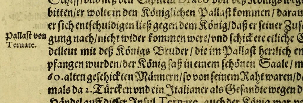 An illustration from Sechster Theil, kurtze, warhafftige Relation vnnd Beschreibung der wunderbarsten vier Schiffarhten, so jemals verricht worden. : Als nemlich: Ferdinandi Magellani, Portugalesers, mit Sebastiano de Cano. Francisci Draconis Engeländers. Thomae Candisch Engelländers. Oliuarii von Noort, Niederländers. So alle vier vmb den gantzen Erdtkreiss gesegelt, auss vnterschiedenen Authoribus vnd Sprachen zusammen getragen, vnd mit nöhtigen Landt Charten, seinen Figurn vnd nützlichen Erklärungen gezieret, vnd verfertiget., 1626, leaf 34