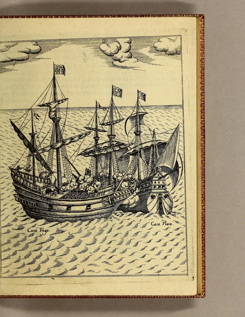 An illustration from Sechste Theil, kurtze, warhafftige Relation vnd Beschreibung der wunderbarsten vier Schiffarten, so jemals verricht worden. : Als nem[m]lich: Ferdinandi Magellani, Portugalesers, mit Sebastiano de Cano. Francisci Draconis Engeländers. Thomae Candisch Engeländers. Oliuarij von Noort, Niederländers. So alle vier vmb den gantzen Erdtkreiss gesegelt, auss vnterschiedenen Authoribus vnd Sprachen zusamen getragen, vnd mit nötigen Landt Charten, seinen Figurn vnd nützlichen Erklerungen geziert, vnd verfertiget., 1603, leaf 49