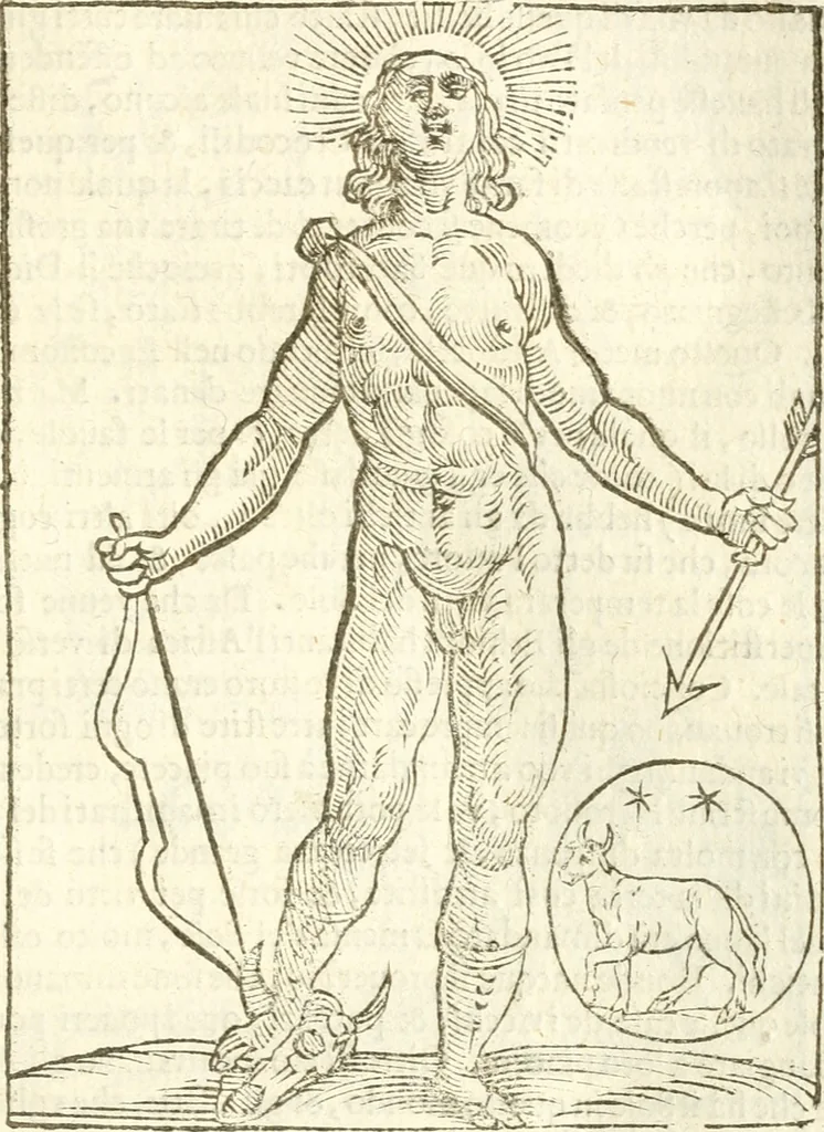 An illustration from Seconda nouissima editione delle Imagini de gli dei delli antichi di Vicenzo Cartari reggiano : ridotte da capo a piedi alle loro reali, & non più per l'adietro osseruate simiglianze : cauate da' marmi, bronzi, medaglie, gioie, & altre memorie antiche : con esquisito studio, & particolare diligenza, 1626, leaf 100