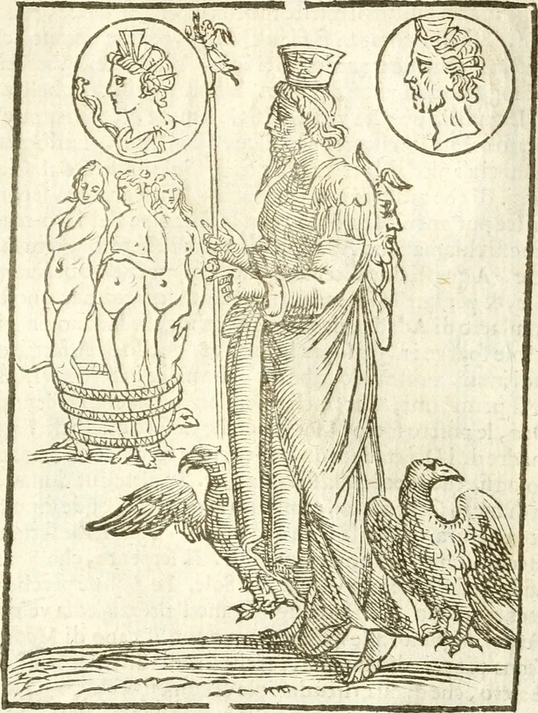 An illustration from Seconda nouissima editione delle Imagini de gli dei delli antichi di Vicenzo Cartari reggiano : ridotte da capo a piedi alle loro reali, & non più per l'adietro osseruate simiglianze : cauate da' marmi, bronzi, medaglie, gioie, & altre memorie antiche : con esquisito studio, & particolare diligenza, 1626, leaf 102