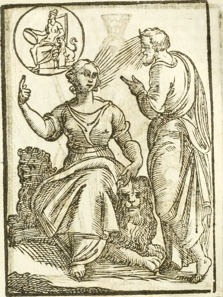 An illustration from Seconda nouissima editione delle Imagini de gli dei delli antichi di Vicenzo Cartari reggiano : ridotte da capo a piedi alle loro reali, & non più per l'adietro osseruate simiglianze : cauate da' marmi, bronzi, medaglie, gioie, & altre memorie antiche : con esquisito studio, & particolare diligenza, 1626, leaf 104