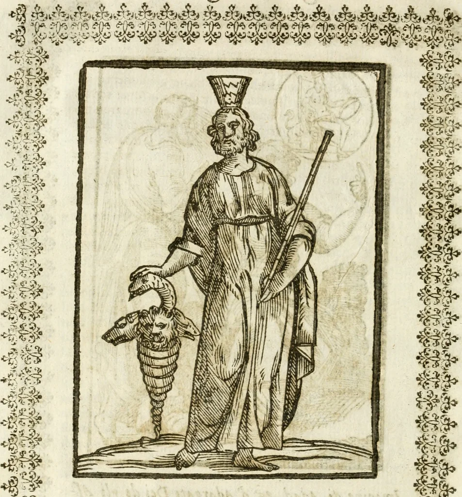 An illustration from Seconda nouissima editione delle Imagini de gli dei delli antichi di Vicenzo Cartari reggiano : ridotte da capo a piedi alle loro reali, & non più per l'adietro osseruate simiglianze : cauate da' marmi, bronzi, medaglie, gioie, & altre memorie antiche : con esquisito studio, & particolare diligenza, 1626, leaf 105