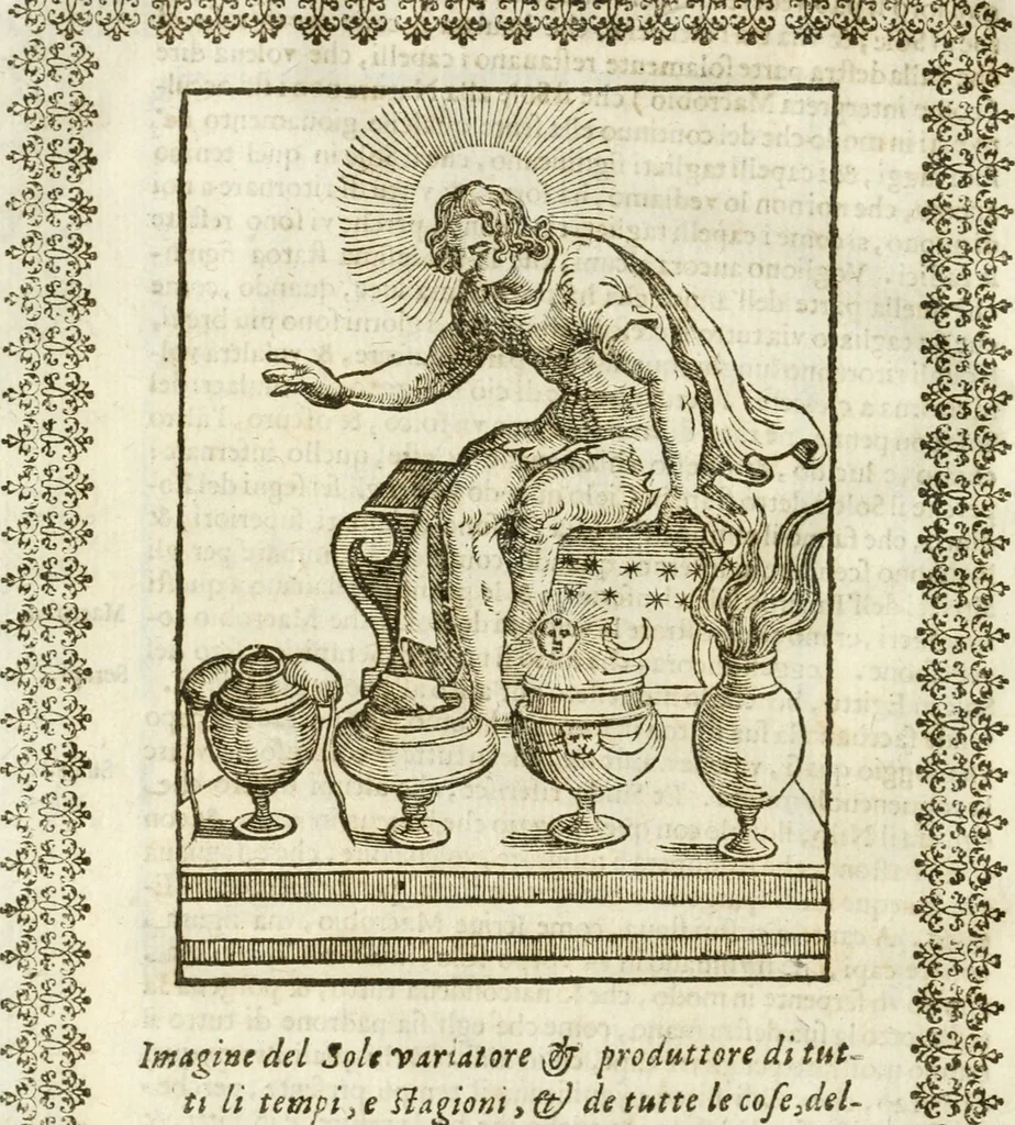An illustration from Seconda nouissima editione delle Imagini de gli dei delli antichi di Vicenzo Cartari reggiano : ridotte da capo a piedi alle loro reali, & non più per l'adietro osseruate simiglianze : cauate da' marmi, bronzi, medaglie, gioie, & altre memorie antiche : con esquisito studio, & particolare diligenza, 1626, leaf 107
