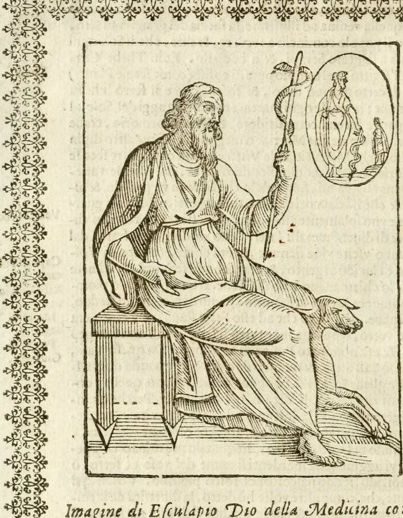 An illustration from Seconda nouissima editione delle Imagini de gli dei delli antichi di Vicenzo Cartari reggiano : ridotte da capo a piedi alle loro reali, & non più per l'adietro osseruate simiglianze : cauate da' marmi, bronzi, medaglie, gioie, & altre memorie antiche : con esquisito studio, & particolare diligenza, 1626, leaf 109