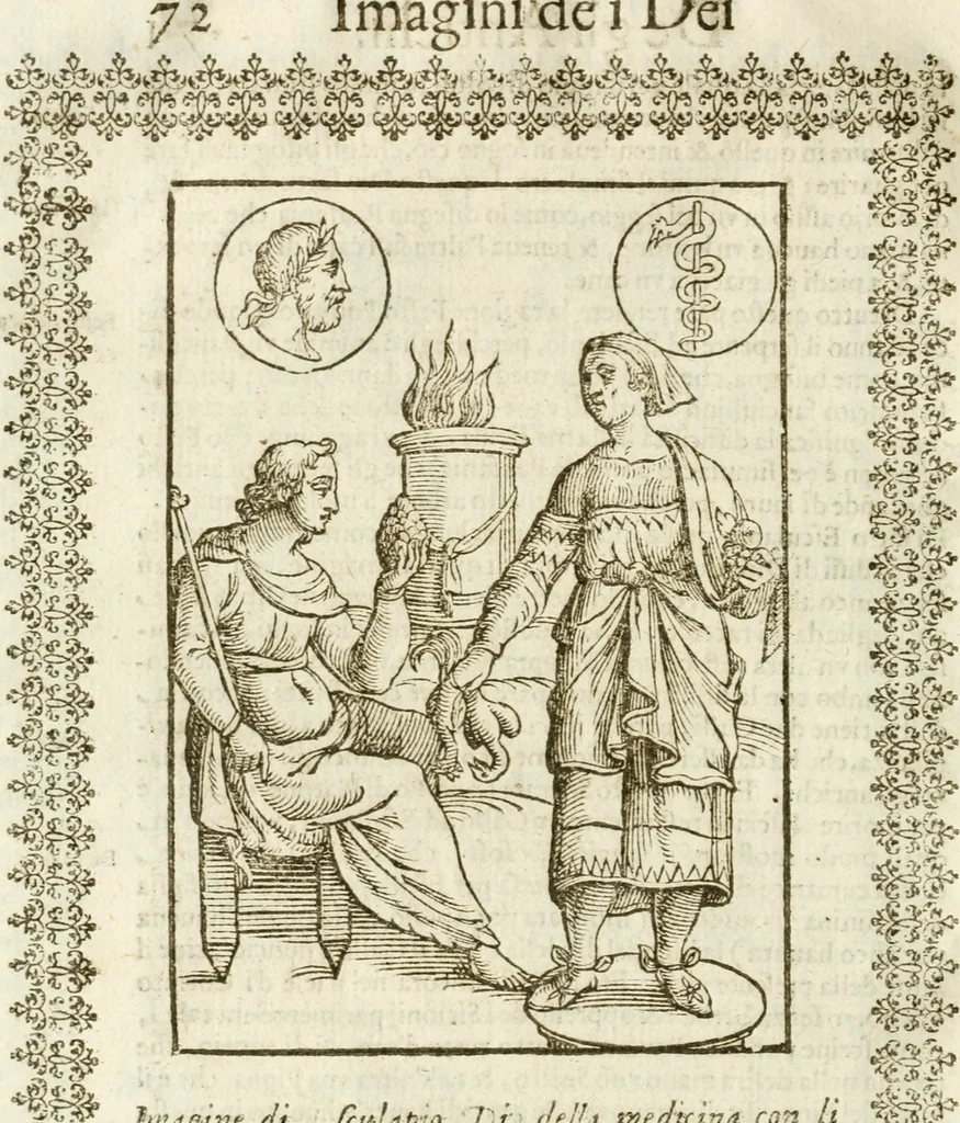 An illustration from Seconda nouissima editione delle Imagini de gli dei delli antichi di Vicenzo Cartari reggiano : ridotte da capo a piedi alle loro reali, & non più per l'adietro osseruate simiglianze : cauate da' marmi, bronzi, medaglie, gioie, & altre memorie antiche : con esquisito studio, & particolare diligenza, 1626, leaf 111