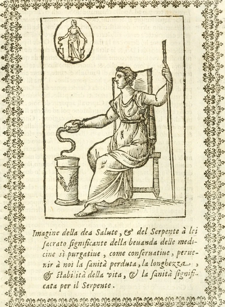 An illustration from Seconda nouissima editione delle Imagini de gli dei delli antichi di Vicenzo Cartari reggiano : ridotte da capo a piedi alle loro reali, & non più per l'adietro osseruate simiglianze : cauate da' marmi, bronzi, medaglie, gioie, & altre memorie antiche : con esquisito studio, & particolare diligenza, 1626, leaf 116