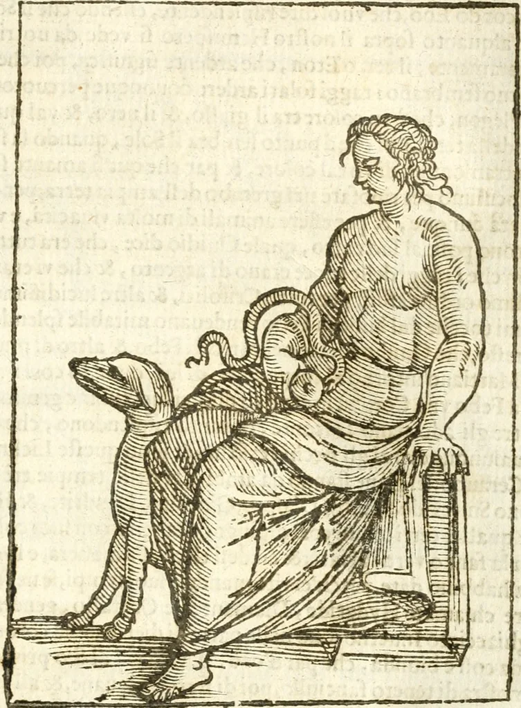 An illustration from Seconda nouissima editione delle Imagini de gli dei delli antichi di Vicenzo Cartari reggiano : ridotte da capo a piedi alle loro reali, & non più per l'adietro osseruate simiglianze : cauate da' marmi, bronzi, medaglie, gioie, & altre memorie antiche : con esquisito studio, & particolare diligenza, 1626, leaf 118